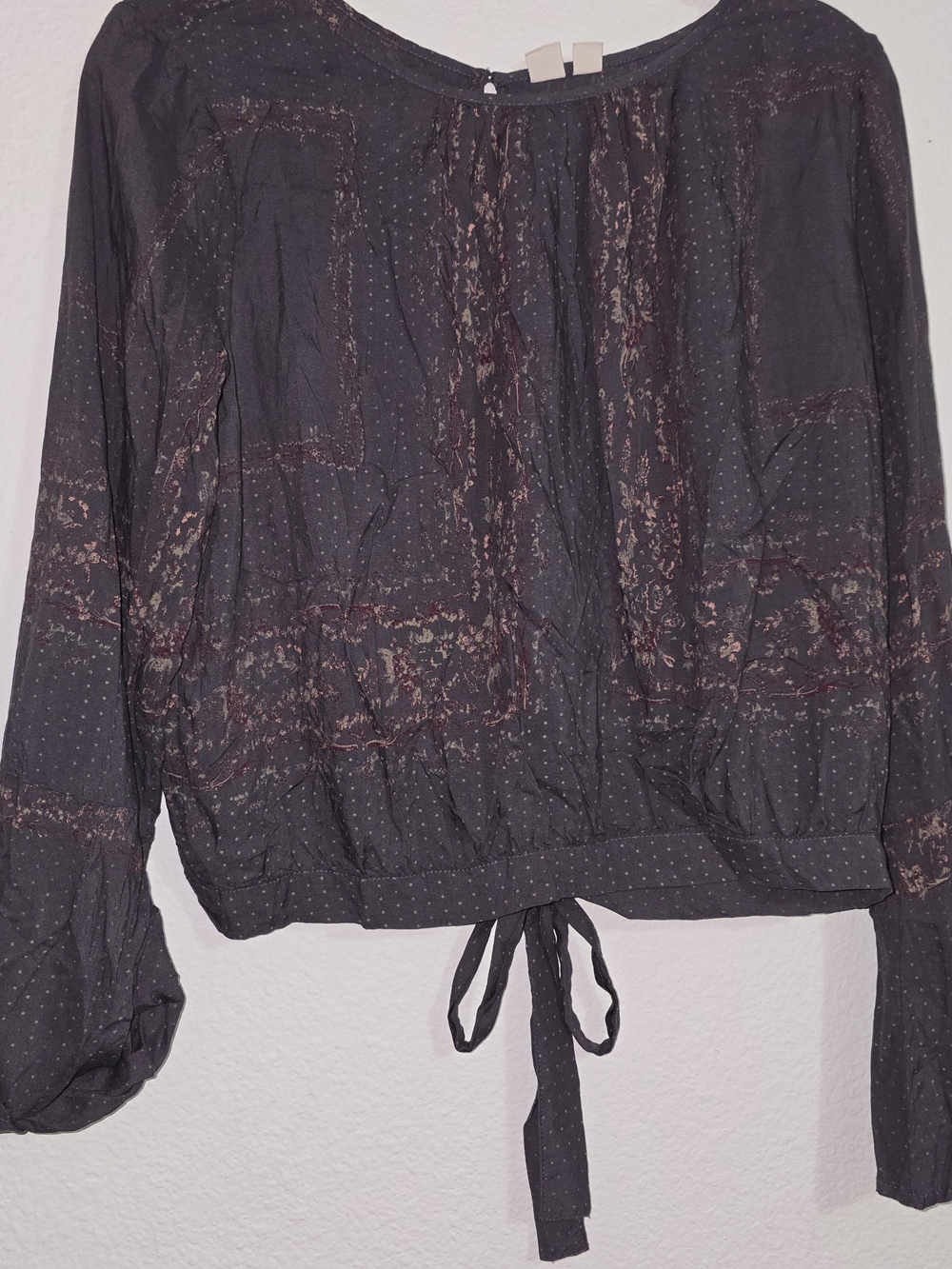 Women's Dark Charcoal Printed Long-Sleeve Blouse with Tie Waist